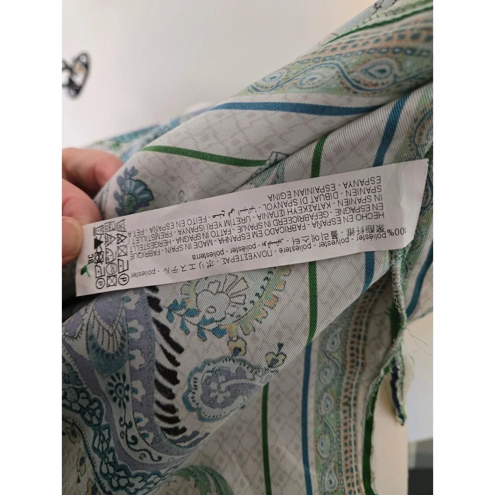 Zara Italian Coastal Scarf Print Satin Blouse Made in Spain Green Paisley Size L - Picture 6 of 7